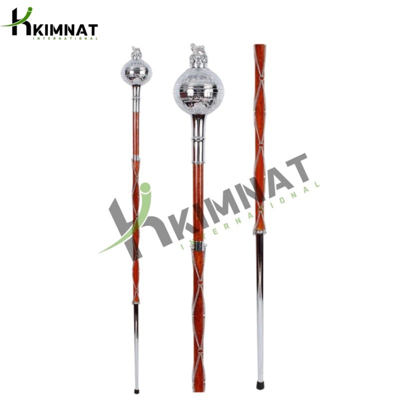 Drum Major Mace Stave Embossed Ball Head With Crowned Lion On Top Natural Malacca Cane Shaft