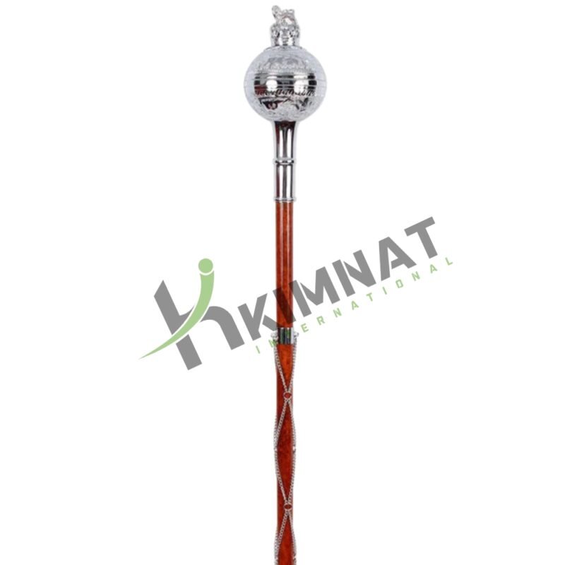 Drum Major Mace Stave Embossed Ball Head With Crowned Lion On Top Natural Malacca Cane Shaft - Image 3