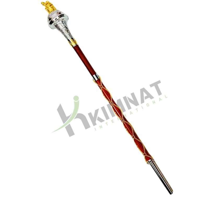 Mini Drum Major Mace Stave Embossed Chrome Ball Head Gold Crowned Lion & Chain Natural Malacca Cane Shaft - Image 2