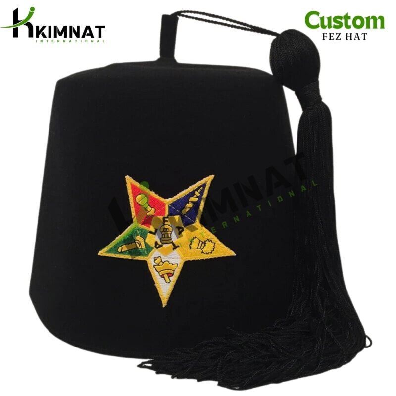 OES Order Of Eastern Star Black FEZ Hat With OES Embroidered Emblem Star
